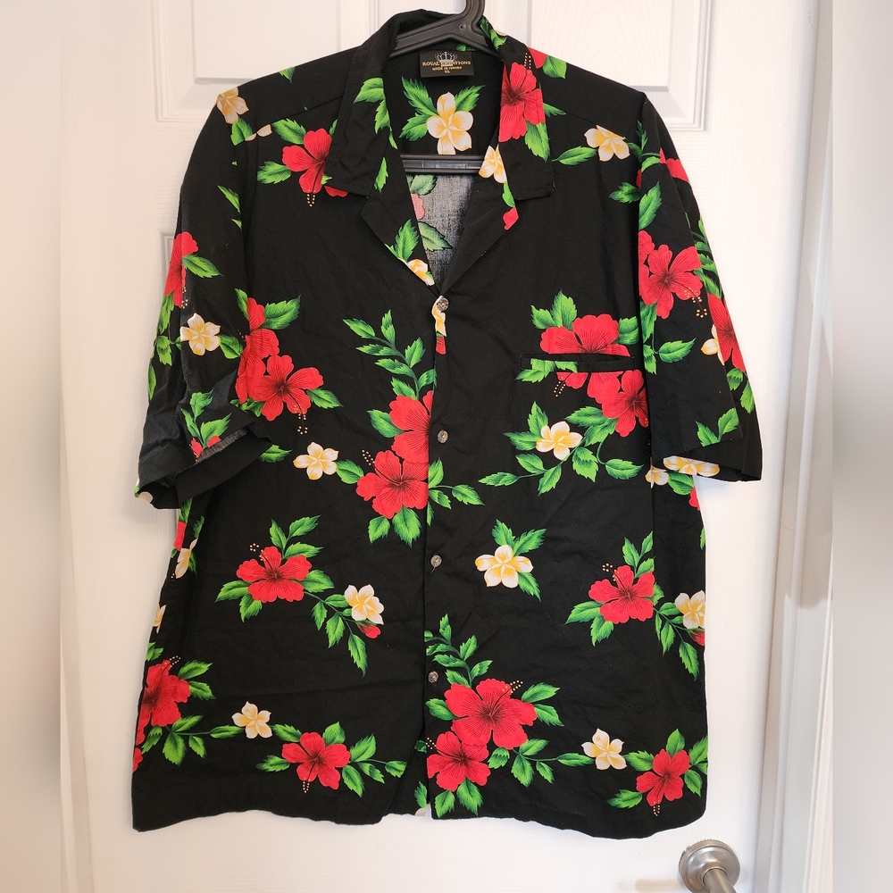 Royal Hawaiian Creations XL Blk Red Orange Hibiscus Flowers Hawaiian Aloha Shirt